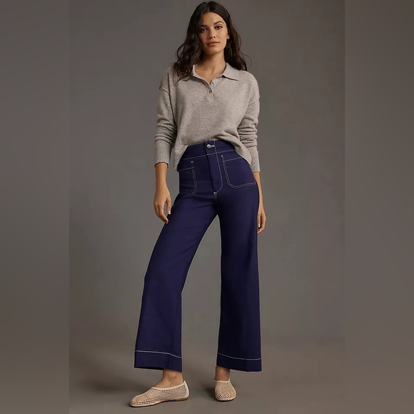 Anthropologie Maeve The Collette Wide Leg Contrast Stitch Edition Sz 28 Purple - Picture 3 of 5